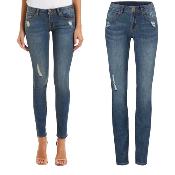 Cabi #5087 Women Size 8 Medium Wash Distressed Low Rise Skinny Denim Jeans - Picture 1 of 12